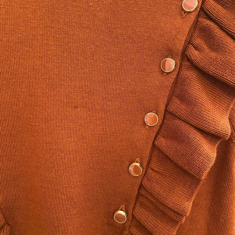 Sézane, rust colored ruffle sweater with gold rimmed buttons, xs - Picture 3 of 6